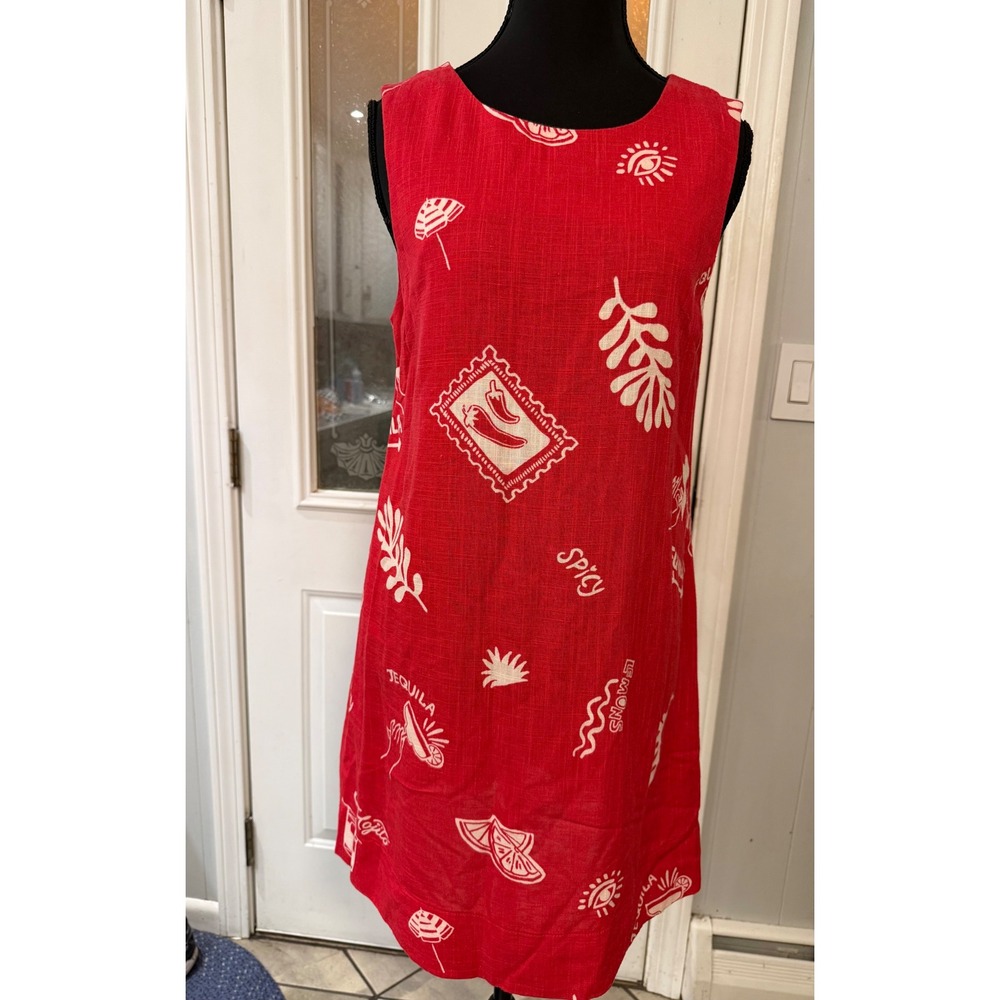 Paper Heart Red Tequila Spicy Graphic Print Linen Blend Shift Dress XS